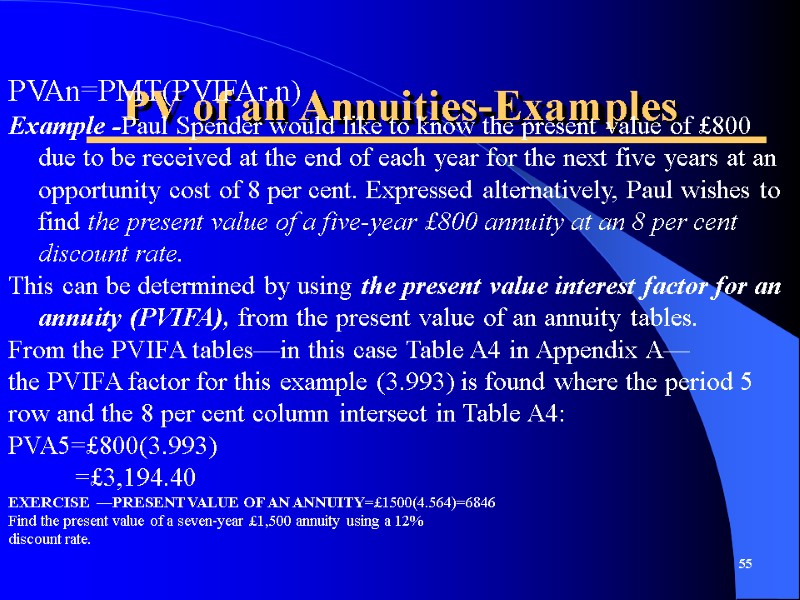 PV of an Annuities-Examples 55  PVAn=PMT(PVIFAr,n) Example -Paul Spender would like to know